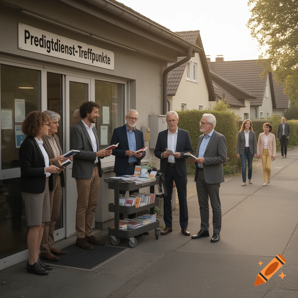 A group of well-dressed adults gathered outside a building with a 'Predigtdienst-Treffpunkte' sign, some holding books and standing by a book trolley. Photorealistic.