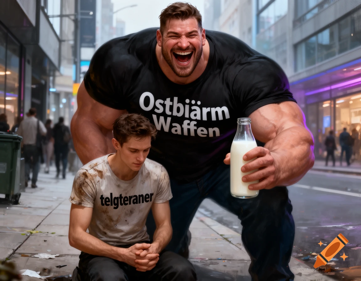 A smiling, extremely muscular man in a black T-shirt offers a bottle of milk to a kneeling, slimmer man in a dirty white T-shirt on a city sidewalk.