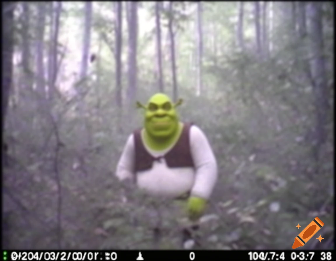 Low-quality trail camera footage shows Shrek, the green ogre, in a blurry forest with a timestamp overlay.