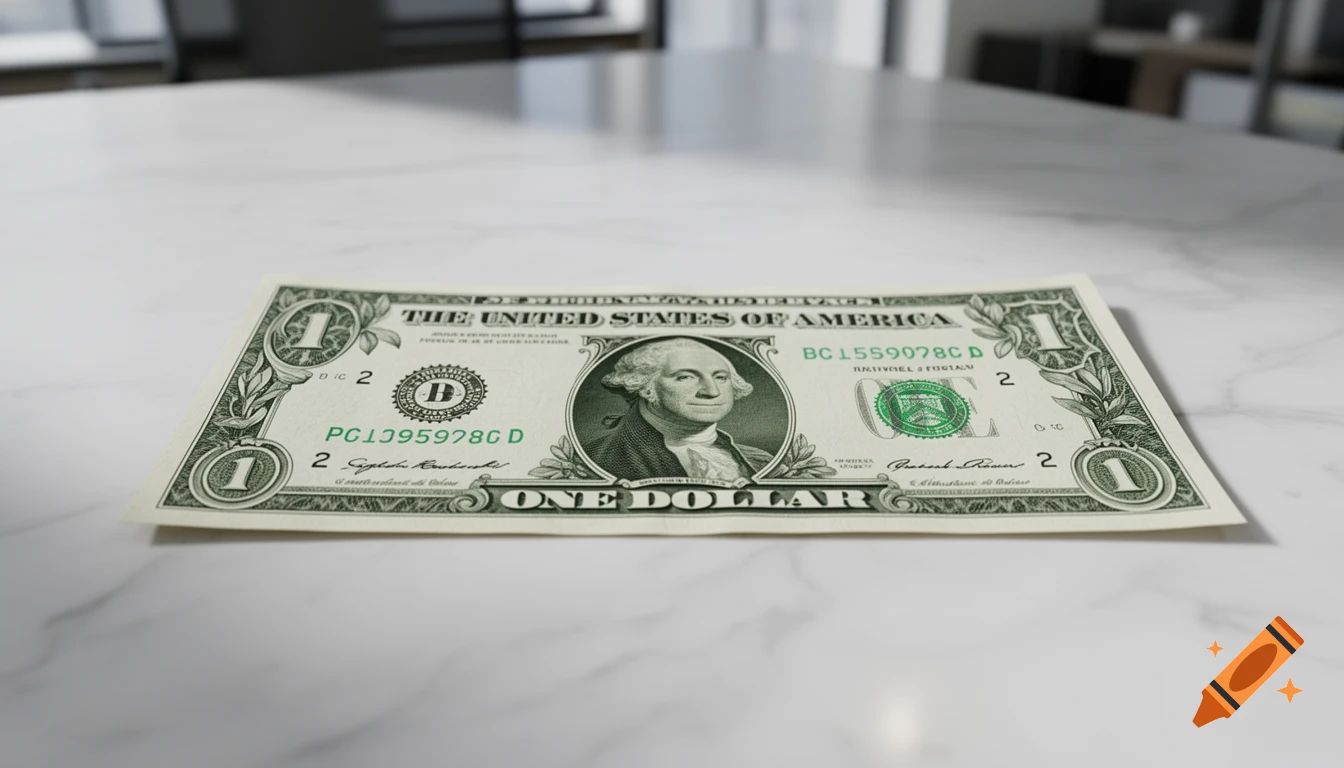 A photorealistic one-dollar bill rests flat on a white marble table with a blurred background.