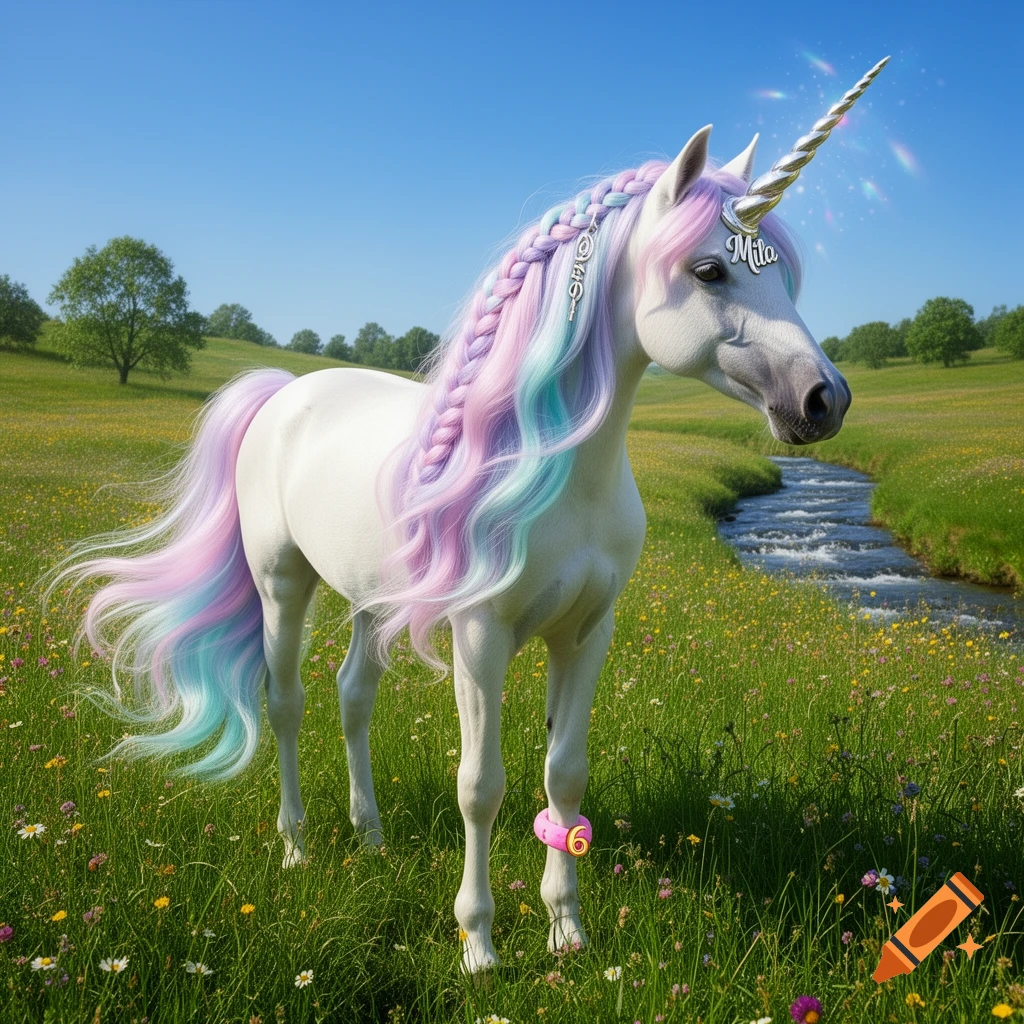 A white unicorn with a shimmering horn and pastel pink, purple, and blue braided mane and tail stands in a green meadow with a stream, under a clear sky.