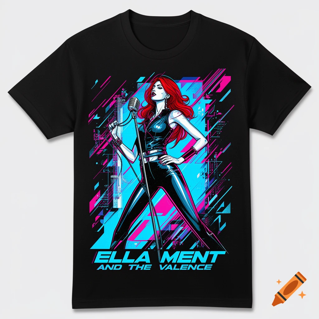 Graphic of a red-haired female singer in a black latex outfit holding a microphone, against a neon pink and blue abstract background on a black t-shirt. Text reads "Ella Ment and The Valence".