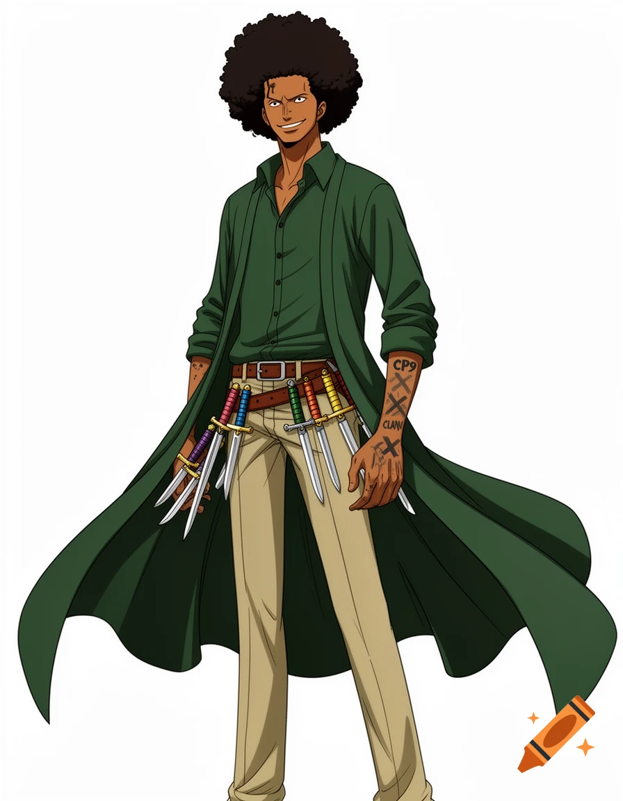 Anime art of a tall Black man with an afro, green shirt, and flowing robe, with throwing daggers on his belt.