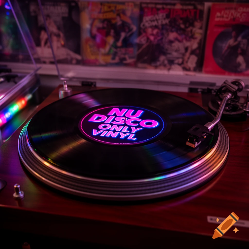 Close-up of a turntable playing a black vinyl record with a neon pink and blue 'NU DISCO ONLY VINYL' label, in a dimly lit, colorful room.