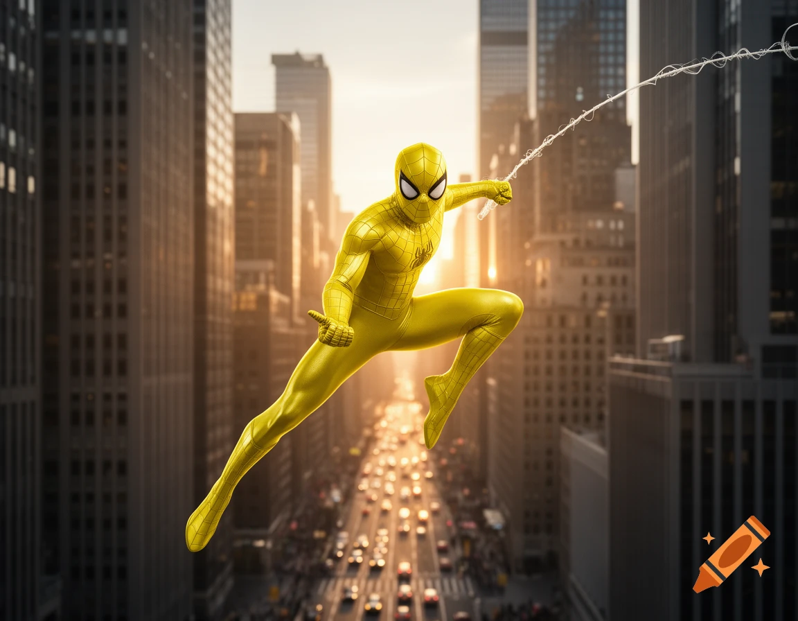 A yellow Spider-Man-like superhero swings through a bustling city street lined with tall buildings during golden hour.