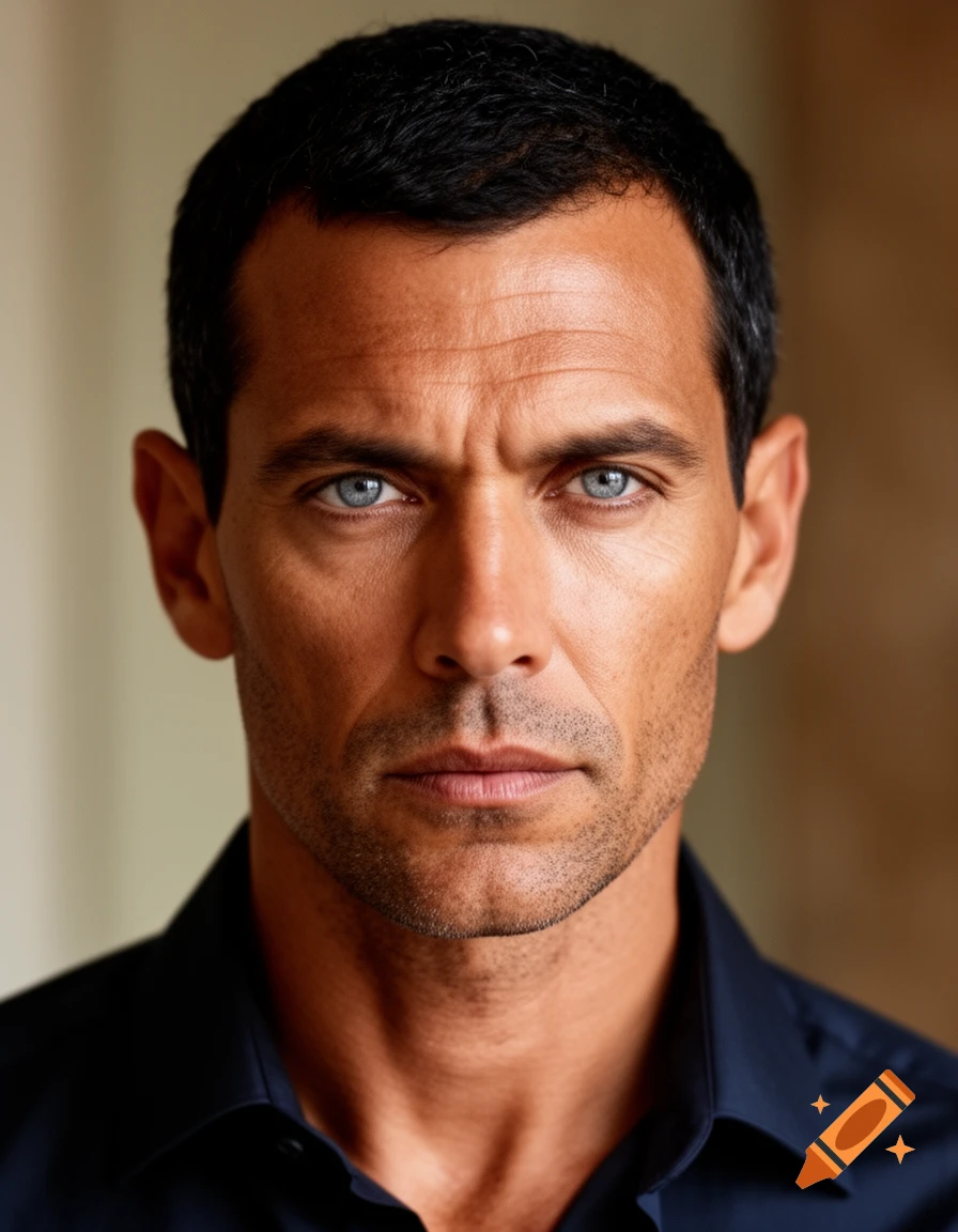 Close-up photorealistic portrait of a man with dark hair, blue eyes, and a stoic expression, wearing a dark shirt.