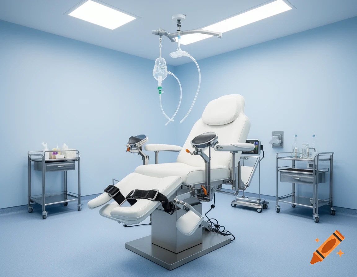 A photorealistic image of a sterile medical examination room with a white gynecologist's chair, an IV drip, and medical trolleys.