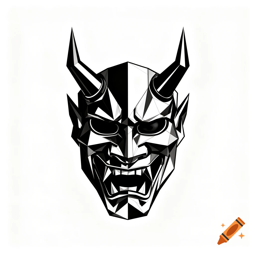 A black and white geometric Hannya mask with sharp horns, defined angles, and an open, fanged mouth on a white background.