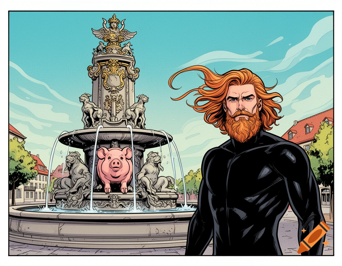 Comic art of a bearded man with long red hair in a black suit, standing by an ornate stone fountain with a pink pig statue, under a blue sky.