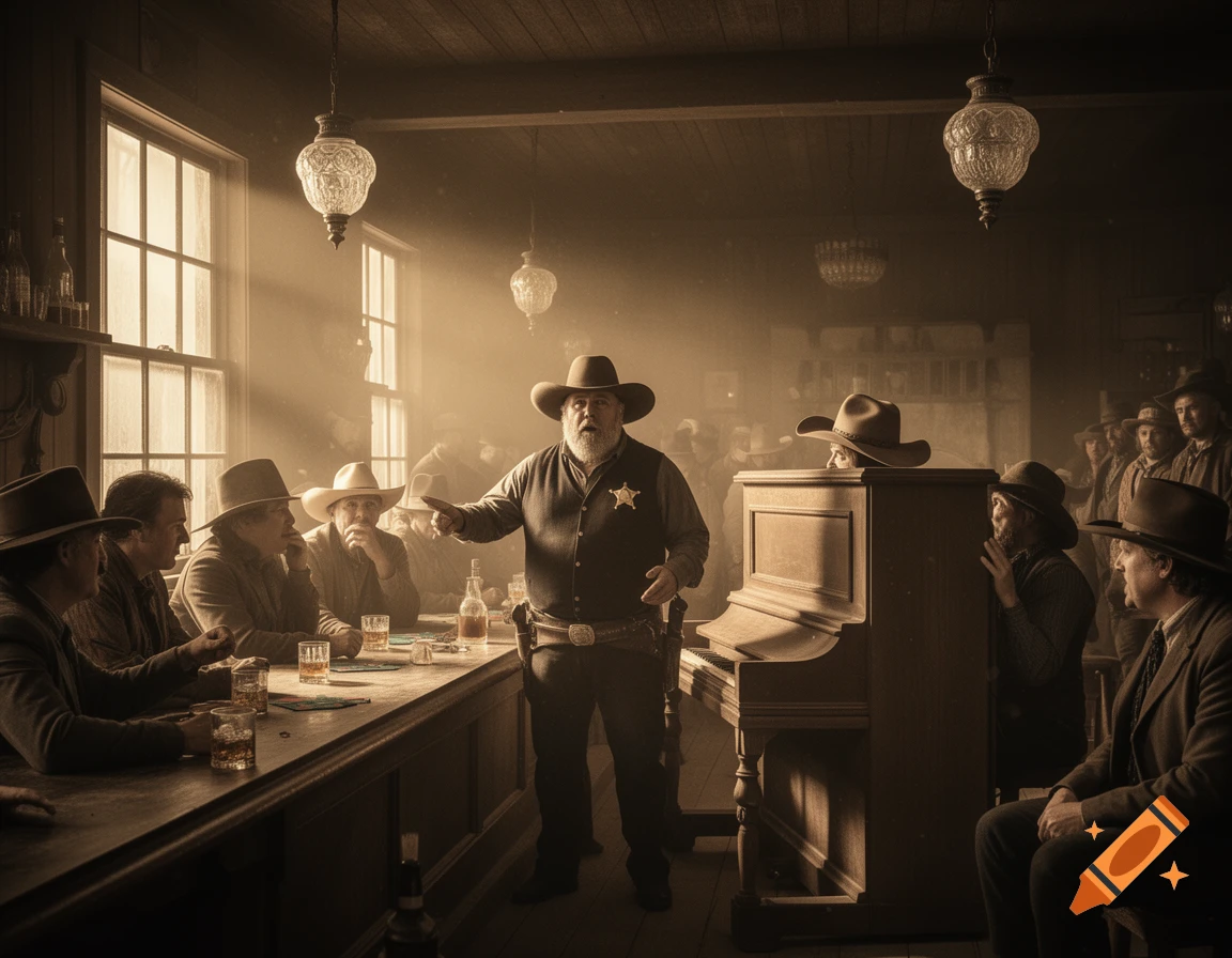 A sepia-toned image of an Old West marshal with a sheriff's badge talking loudly in a smoky saloon, surrounded by cowboys, with one figure hiding behind a piano.