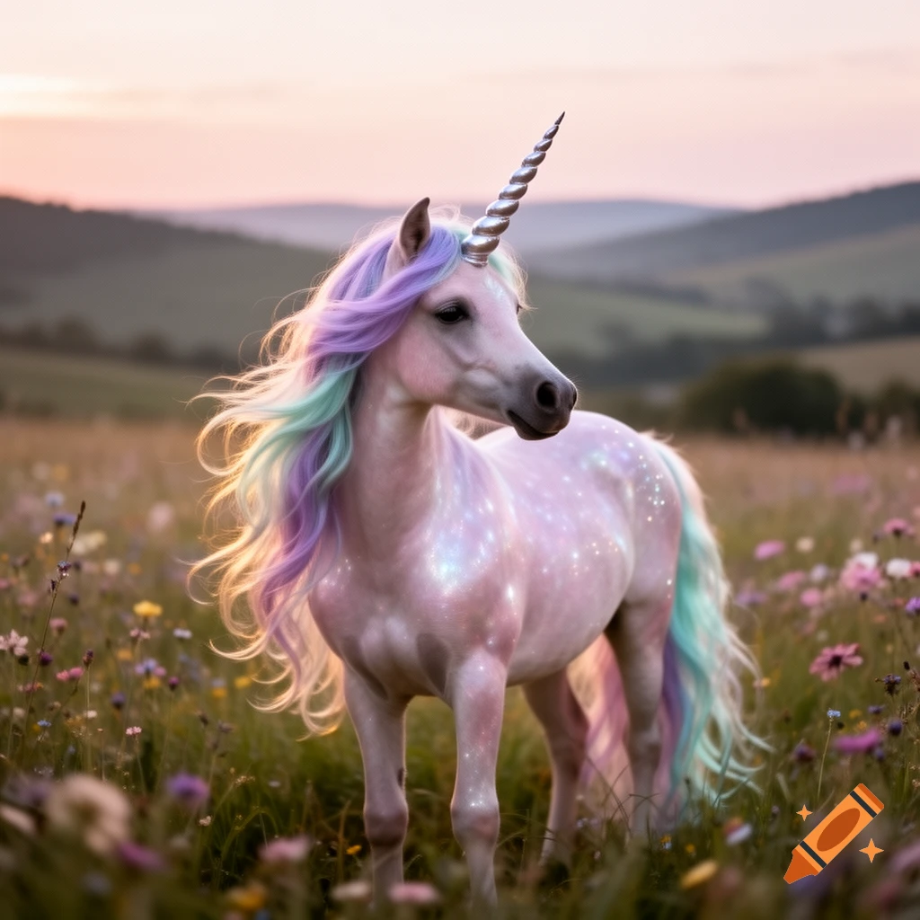 A sparkling pink unicorn with a colorful mane and tail stands in a field of wildflowers at sunset.