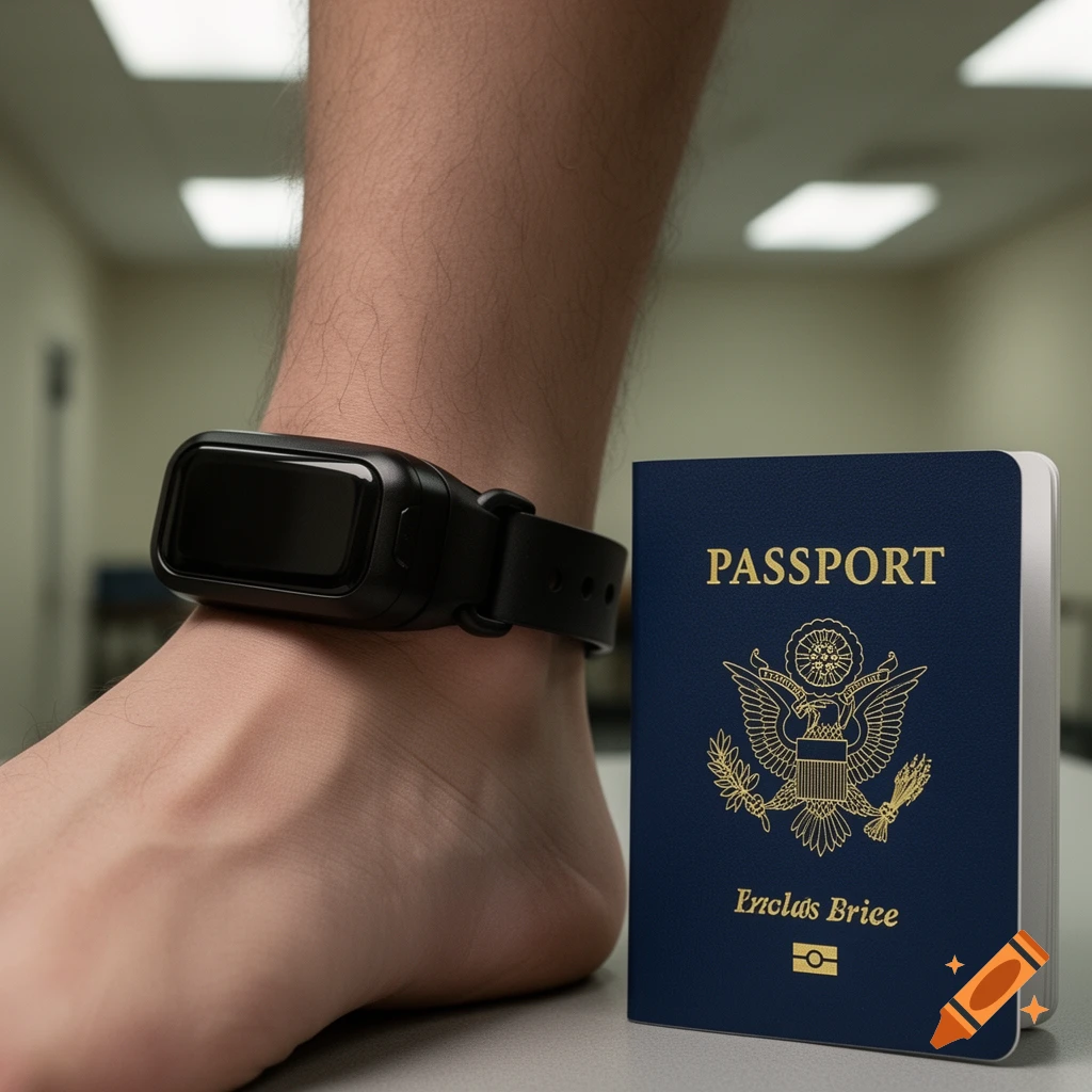 Close-up of a person's leg wearing a black electronic ankle monitor, with a blue US passport standing upright next to it.