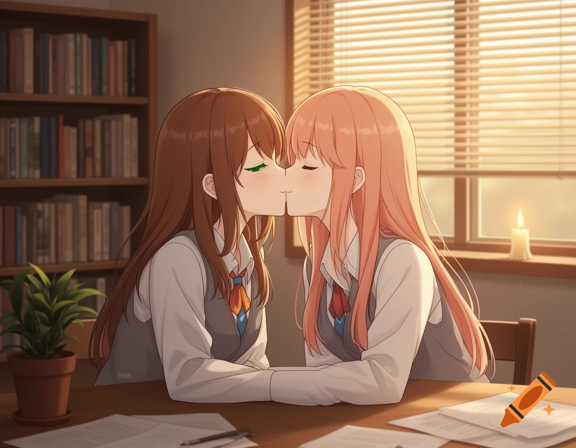 Two anime girls with long hair, wearing school uniforms, kiss across a table in a cozy room with bookshelves and a window.