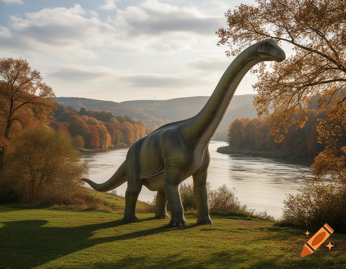 A large, long-necked dinosaur stands on a grassy bank next to a river, surrounded by vibrant autumn trees under a partly cloudy sky.