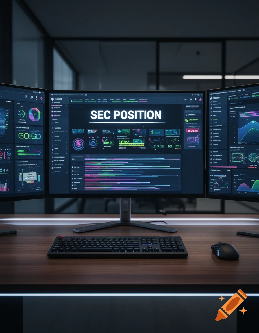 A desk with three computer monitors displaying data dashboards, with 'SEC POSITION' on the central screen.