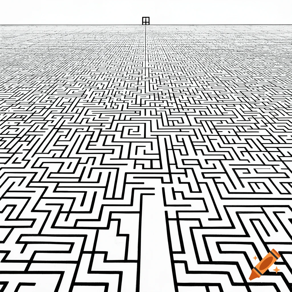 A black and white overhead perspective of an intricate labyrinth with a clear start path leading to a small square finish line in the far distance.