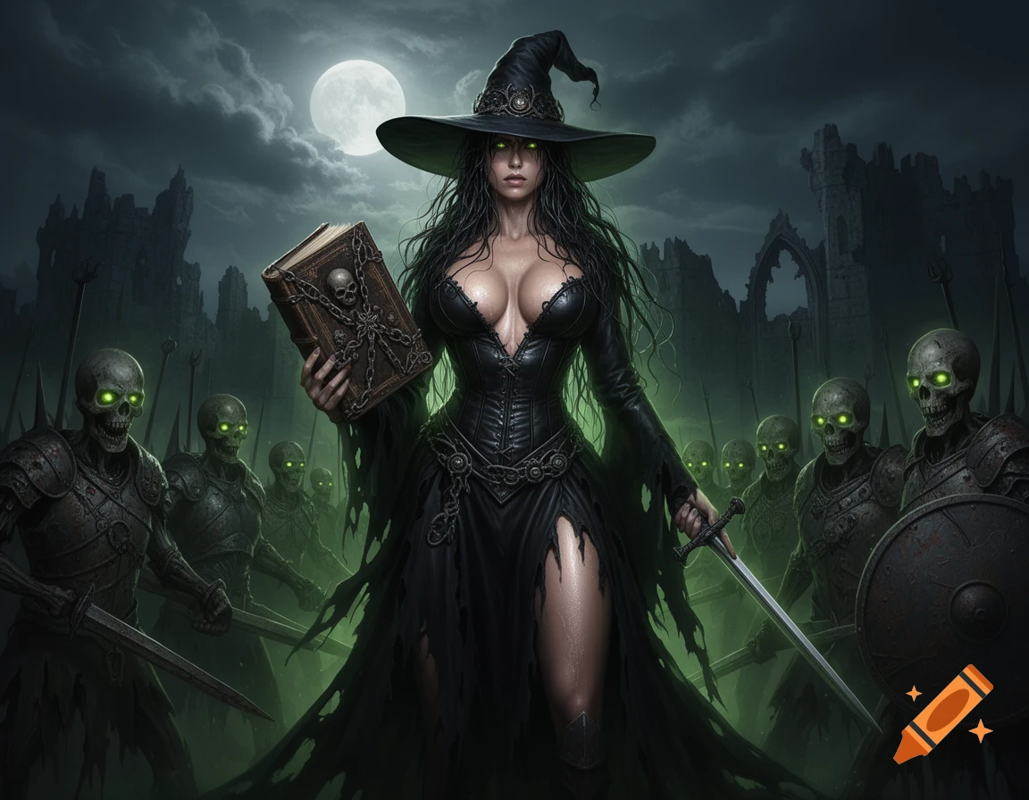 A powerful witch holding a skull book and sword stands with an army of green-eyed skeletal warriors under a full moon amidst dark ruins, in a dark fantasy art style.