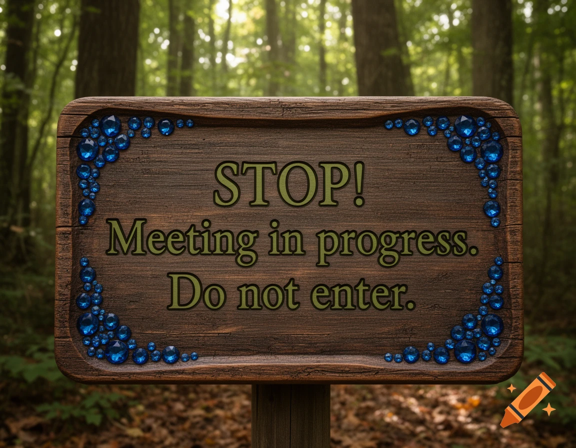 A rustic wooden sign adorned with blue jewels, displayed in a sunlit forest, reads "STOP! Meeting in progress. Do not enter."