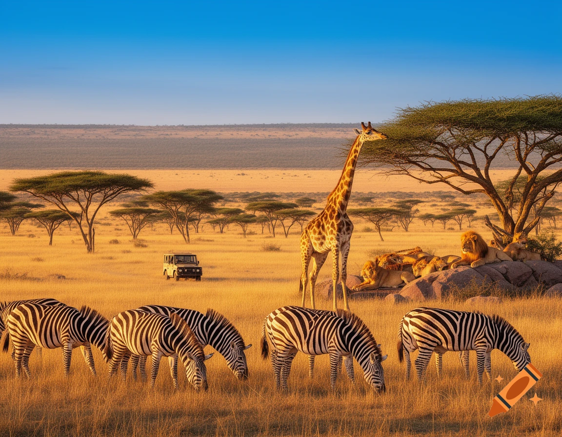 Photorealistic safari scene with zebras grazing, a giraffe, a pride of lions on rocks, and a jeep in a golden savanna under a blue sky.