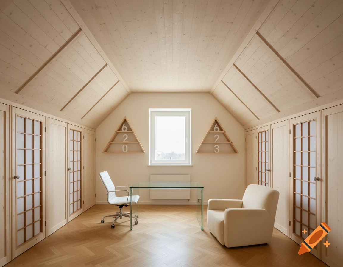 Modern attic office with light wood panels, glass desk, white office chair, cream armchair, and triangular shelves with numbers.