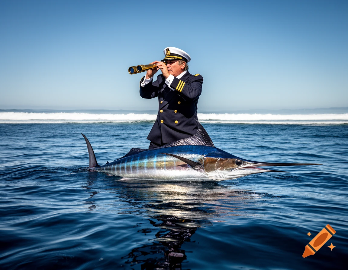 A photorealistic image of a sea captain holding a spyglass, riding on a marlin in the open ocean under a clear blue sky.
