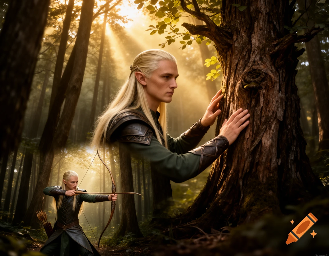 A blonde elf touches a tree in a sunlit forest, while a smaller image of the same elf aims a bow.