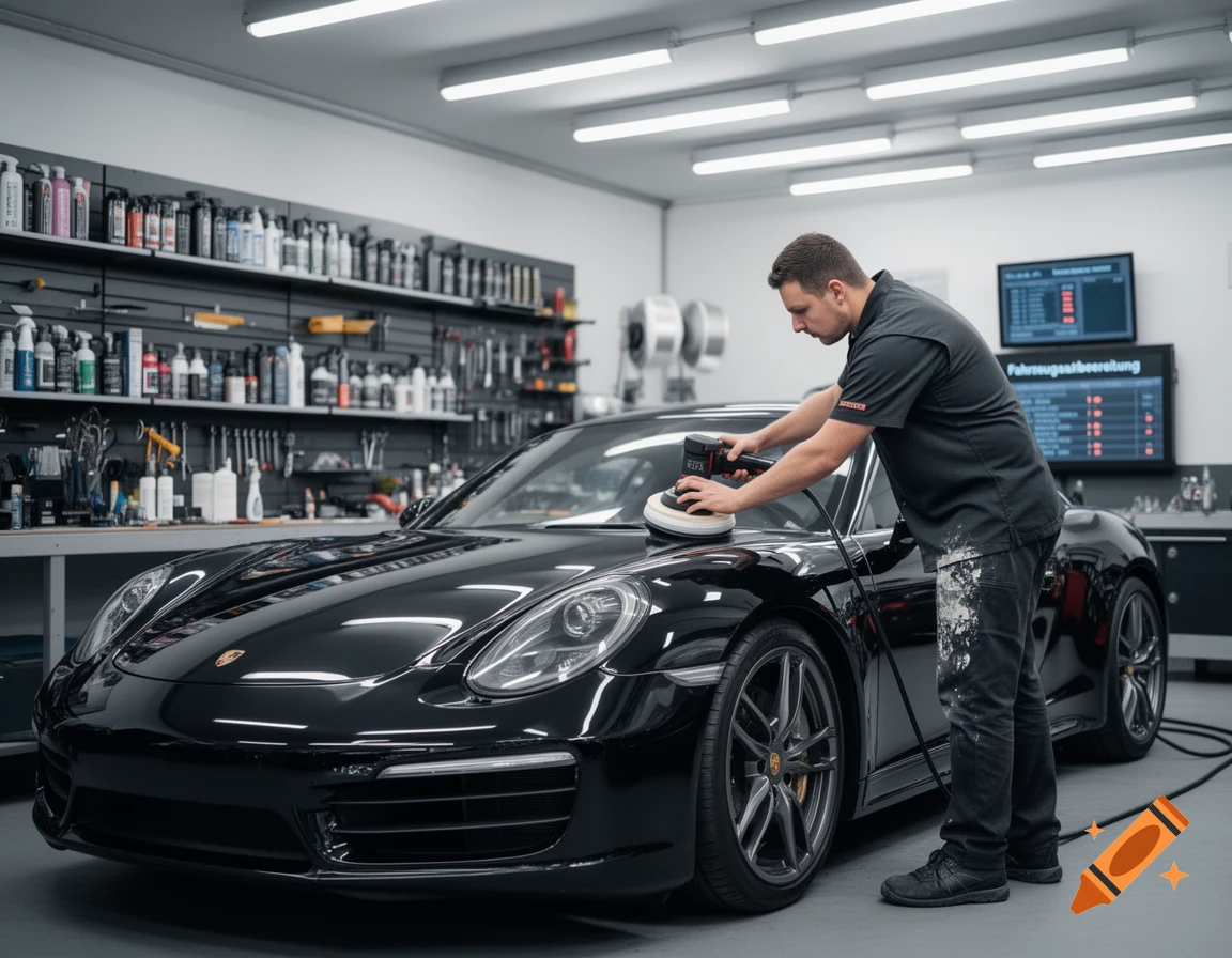 A man polishes a black Porsche car with a buffer in a professional detailing garage, surrounded by tools and products.
