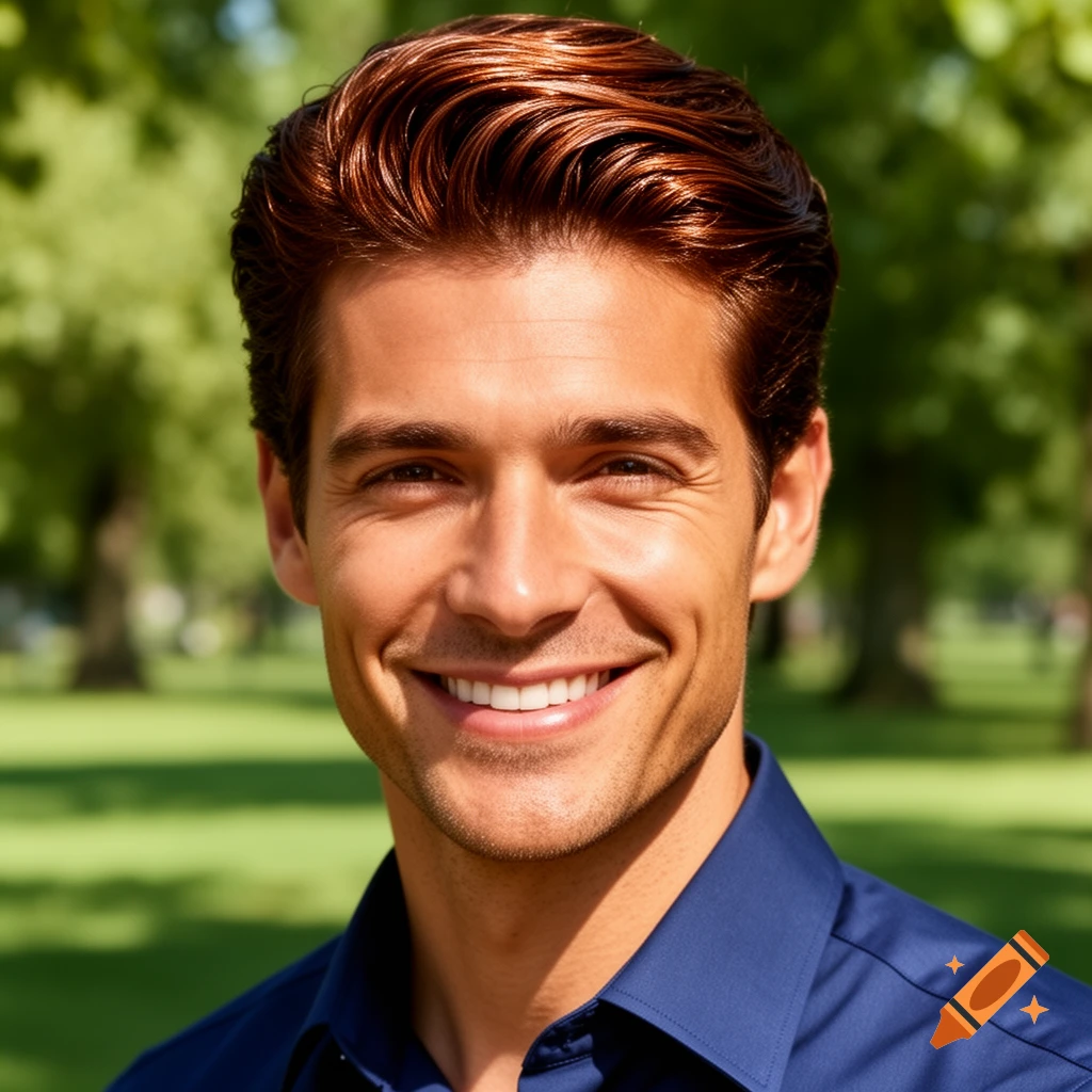 A handsome man with reddish-brown hair and a blue shirt smiles brightly, standing in a sunny green park.