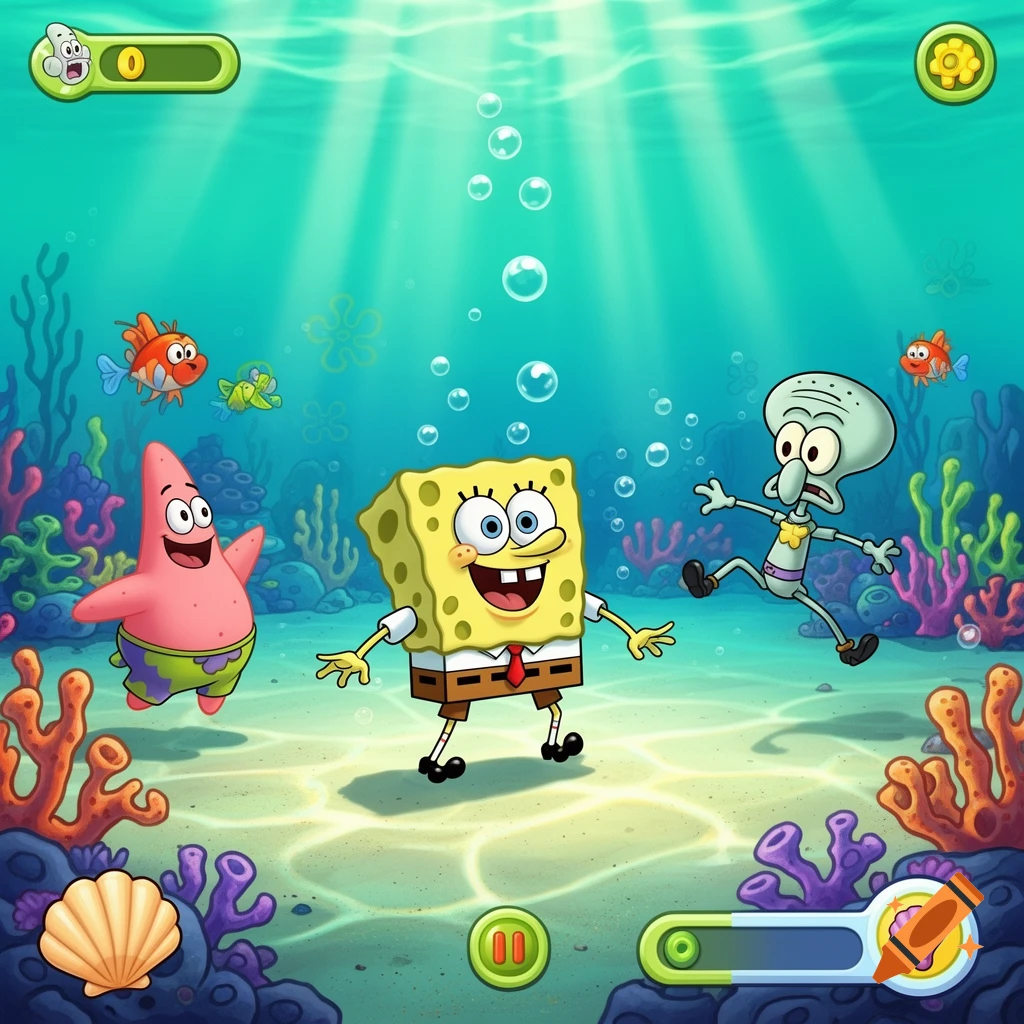 Cartoon SpongeBob, Patrick, and Squidward in an underwater game scene with UI elements.