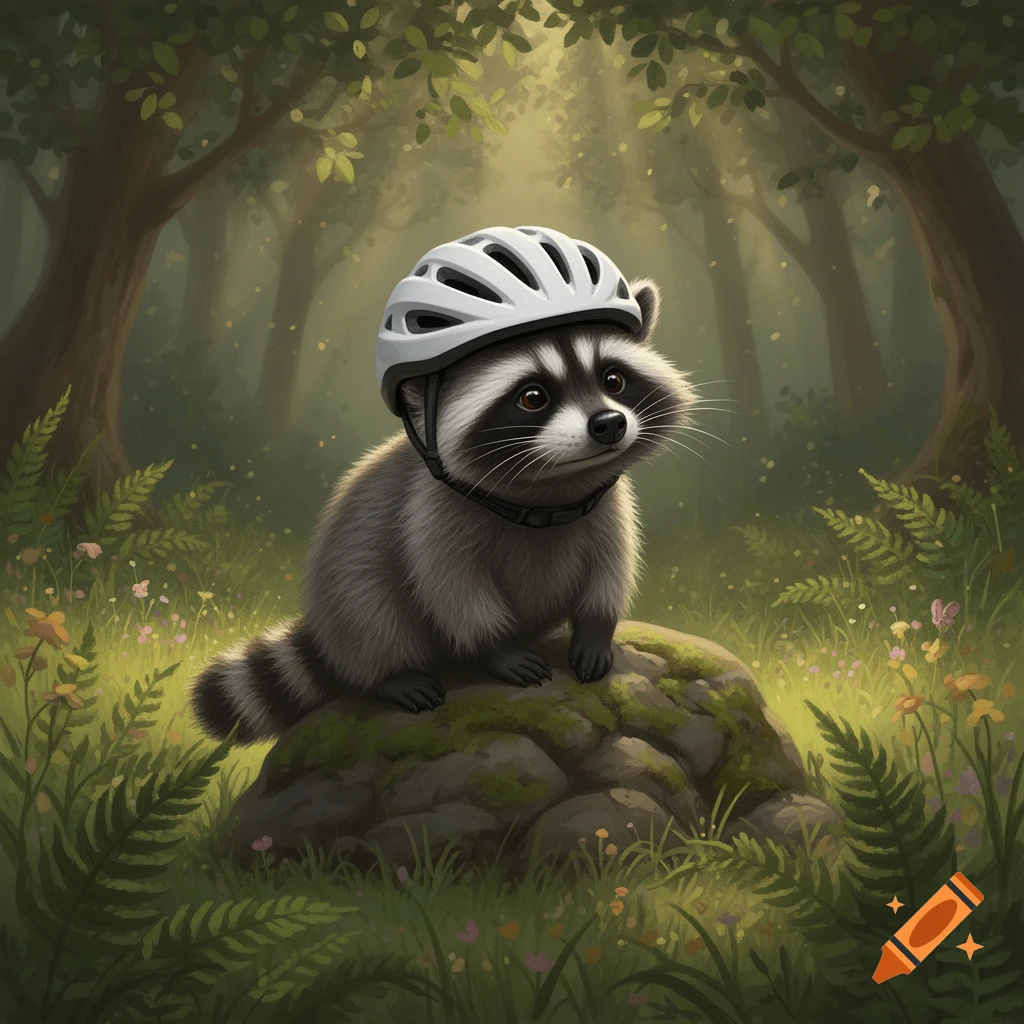 A fluffy raccoon wearing a white bicycle helmet sits on a mossy rock in a sun-dappled forest.