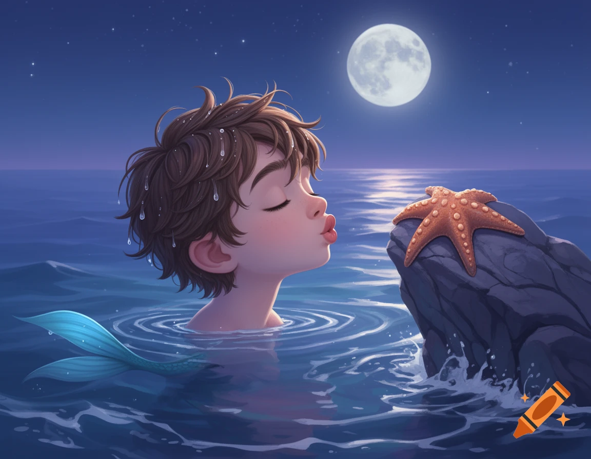 An illustration of a merboy blowing a kiss to a starfish on a rock under a full moon in the ocean at night.
