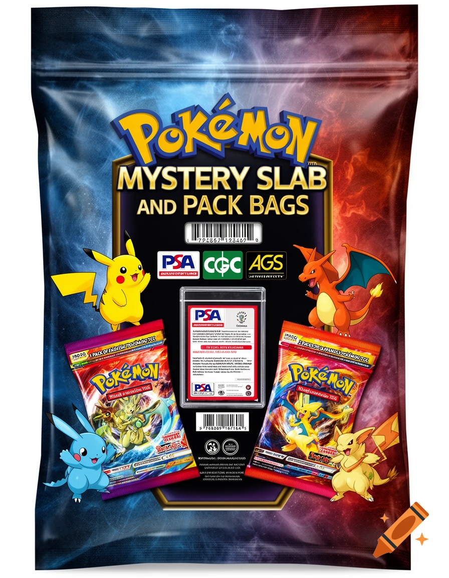 A colorful Pokemon Mystery Slab and Pack Bag featuring Pikachu, Charizard, and other Pokemon, with a PSA graded card and two trading card packs.