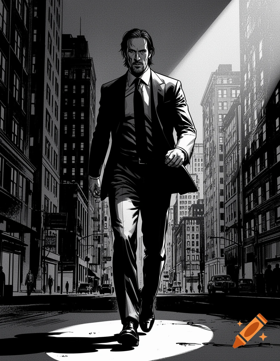 A black and white comic art of a man in a suit, resembling John Wick, walking on a city street under a spotlight.