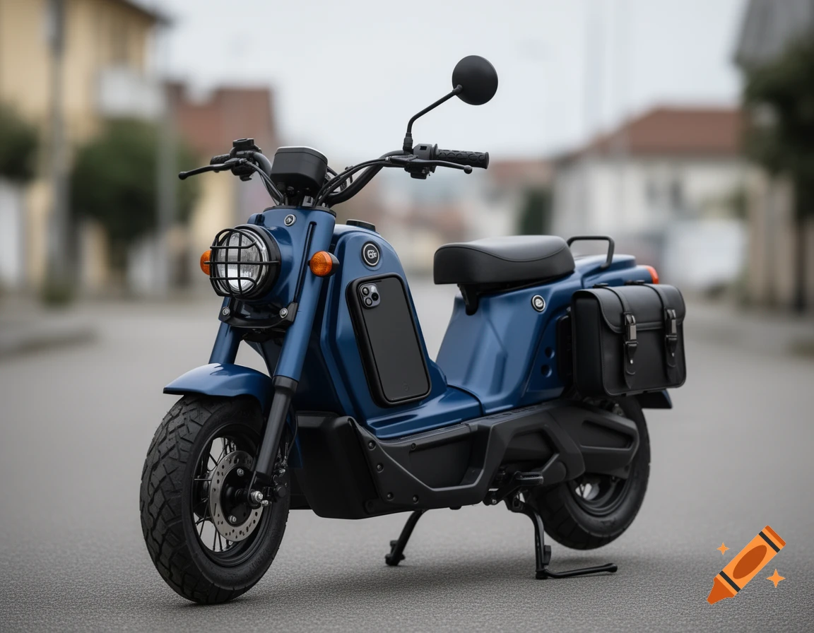 A dark blue retro-style moped with a round headlight grille, black side bags, and a phone mount on its body, parked on an asphalt street.