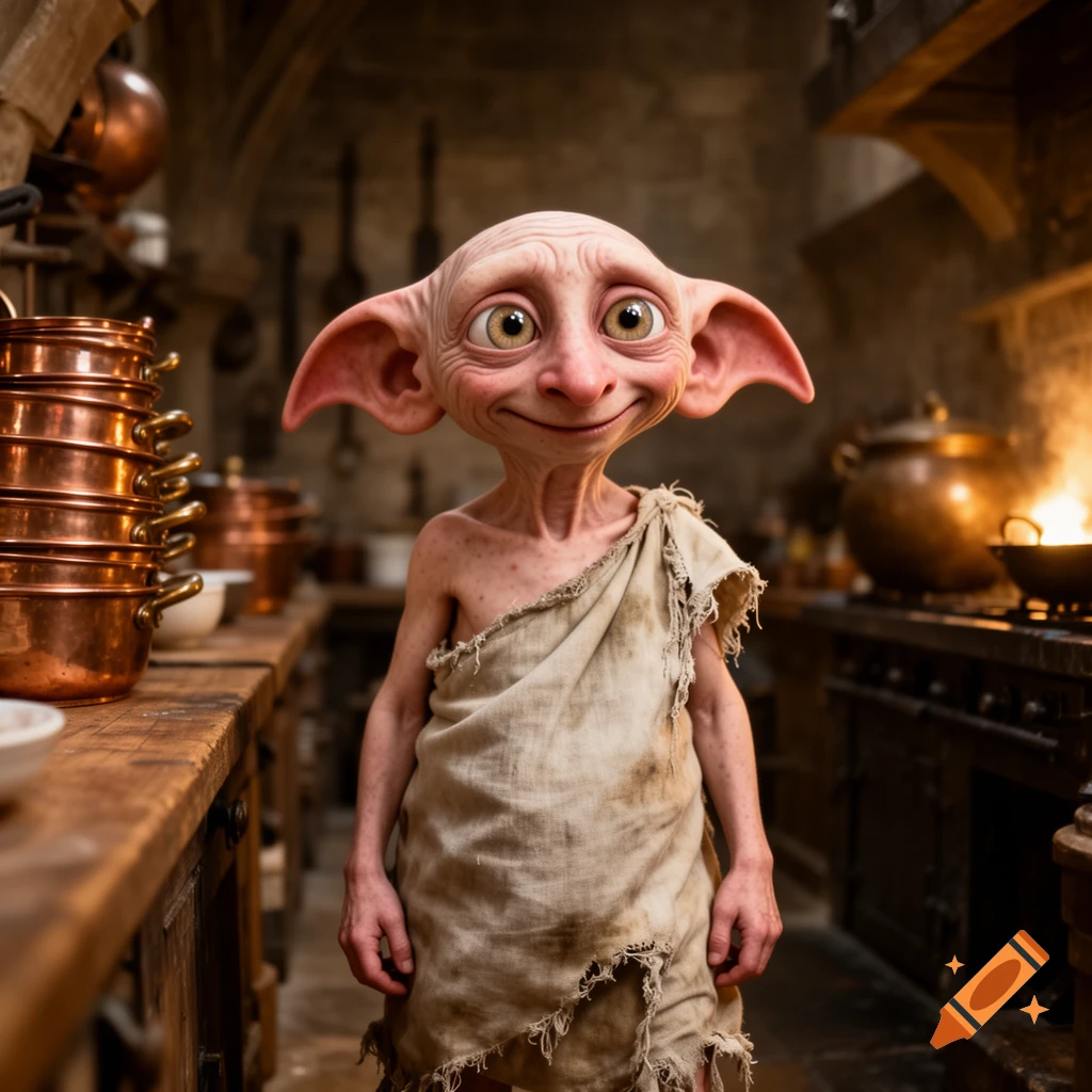Dobby, the house-elf from Harry Potter, stands smiling in a rustic, well-lit kitchen.