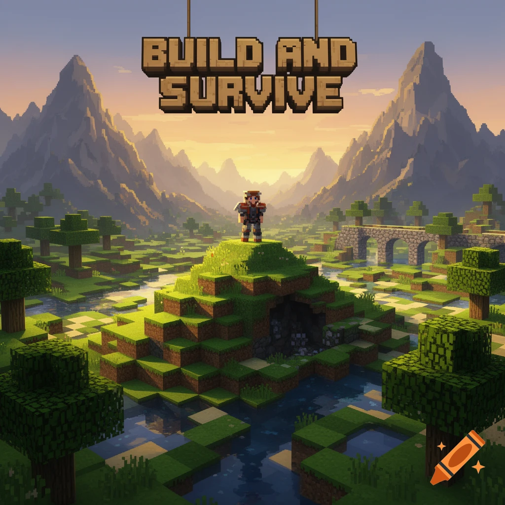 A pixel art landscape featuring a character on a grassy hill, with mountains, rivers, and trees, under text "BUILD AND SURVIVE".