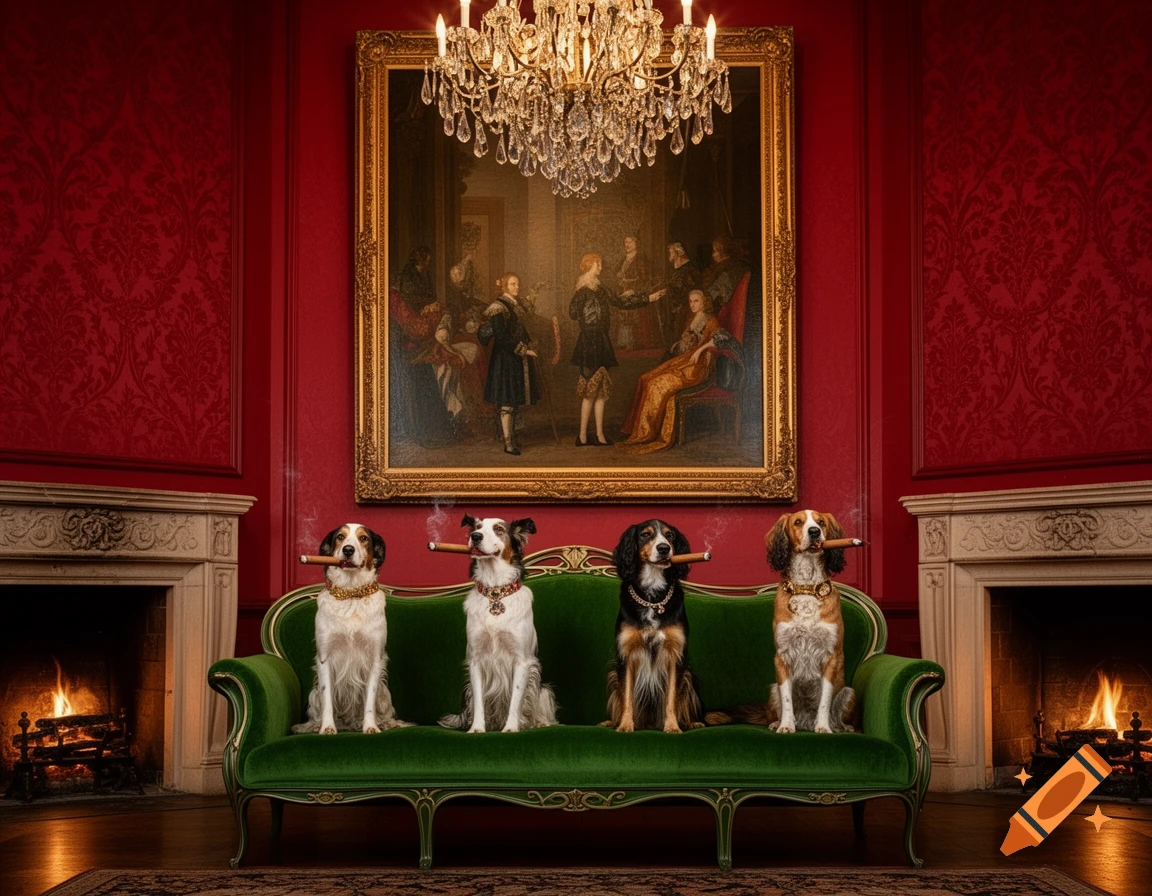 Four elegant dogs with gold chains sit on a green velvet sofa, smoking cigars in a luxurious red room with fireplaces and a grand painting.