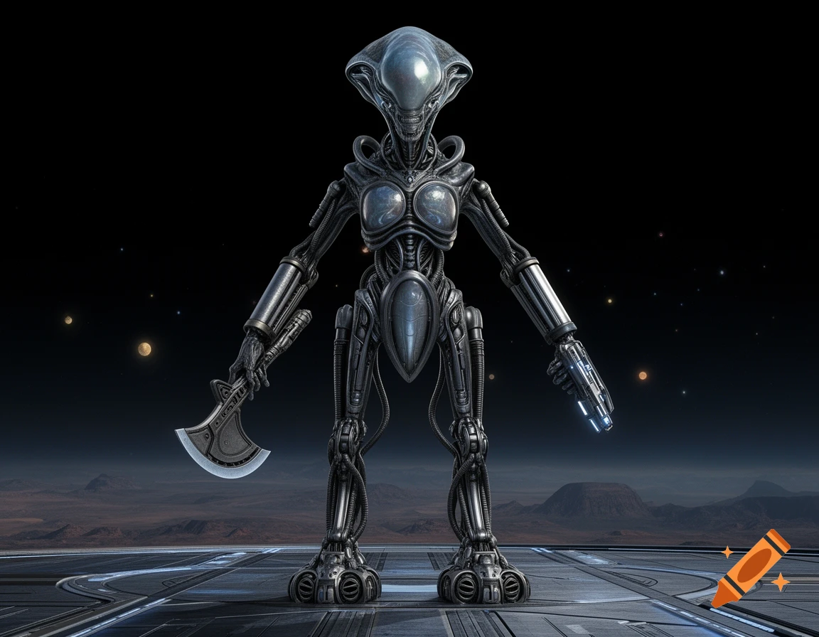 A detailed, full-body shot of a metallic, biomechanical alien with a large head, holding an axe in one hand and a glowing blaster in the other, standing on a futuristic platform on a barren planet under a star-filled sky.