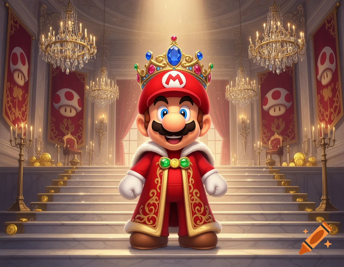Mario, dressed as a king in a red and gold robe with a jeweled crown, stands on a grand staircase in a lavish palace.