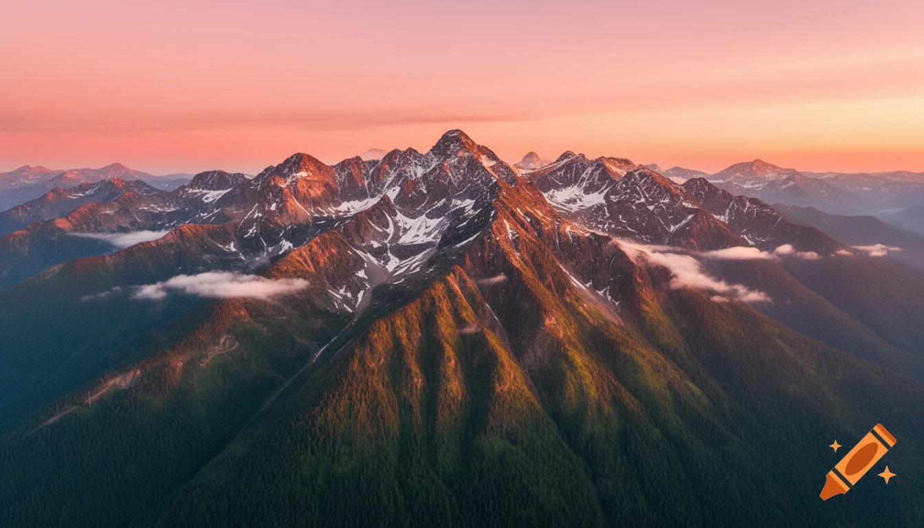 An aerial view of rugged, snow-capped mountains and forested slopes bathed in the warm glow of a pink and orange sunset.