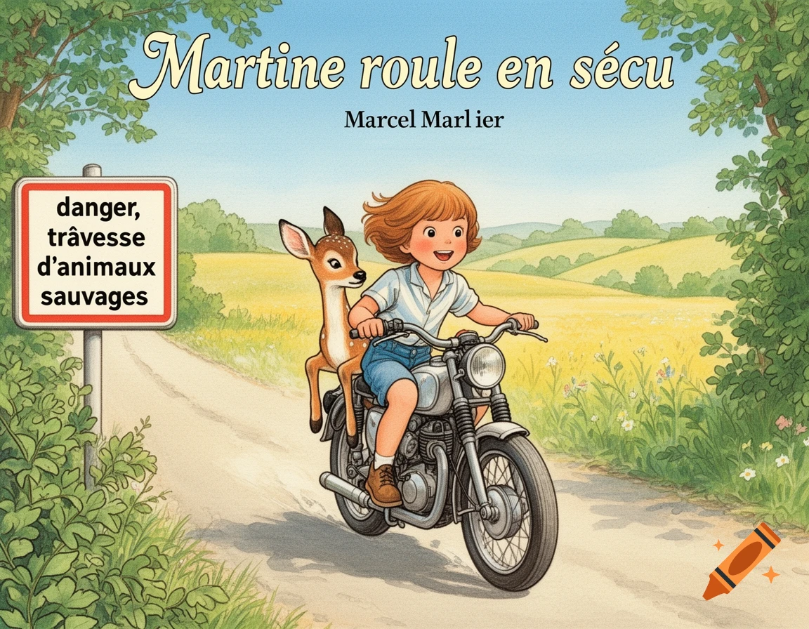 A vintage-style children's book cover shows a smiling girl with a fawn riding a motorcycle on a country road, with a "danger, animals crossing" sign.