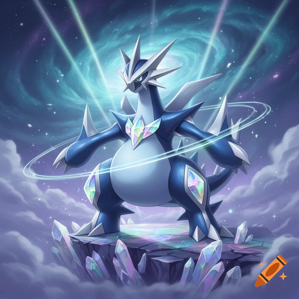 Blue and white Pokemon Dialga stands on a floating crystal platform with light rings, against a swirling starry galaxy background.