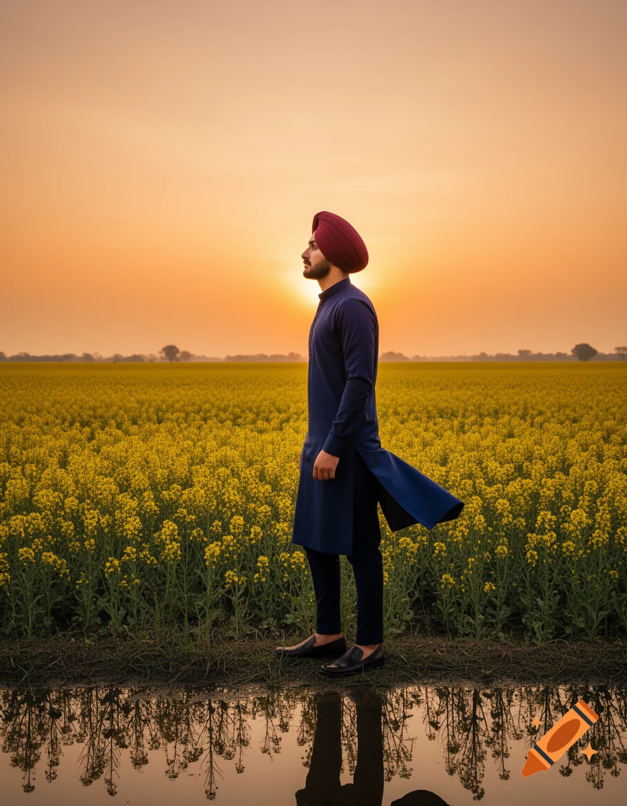 Photorealistic image of a man in a maroon turban and navy kurta standing in a yellow flower field, reflecting in water at sunset.