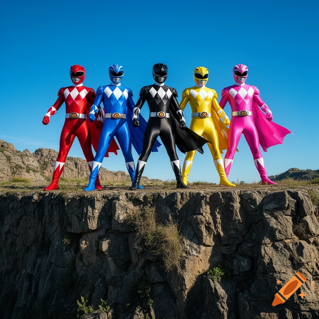 Five Power Rangers, including red, blue, black, yellow, and pink, stand heroically on a rocky cliff under a clear blue sky.
