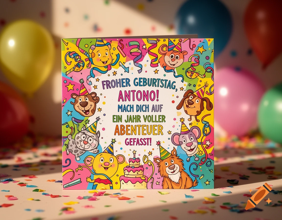 A vibrant birthday card with cartoon animals, confetti, and blurred balloons. The card reads 'FROHER GEBURTSTAG, ANTONO!' in German.