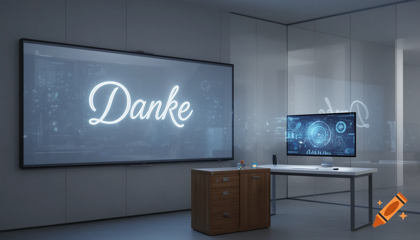 A modern office presentation room with a large screen displaying 'Danke' and a monitor showing data visualizations.