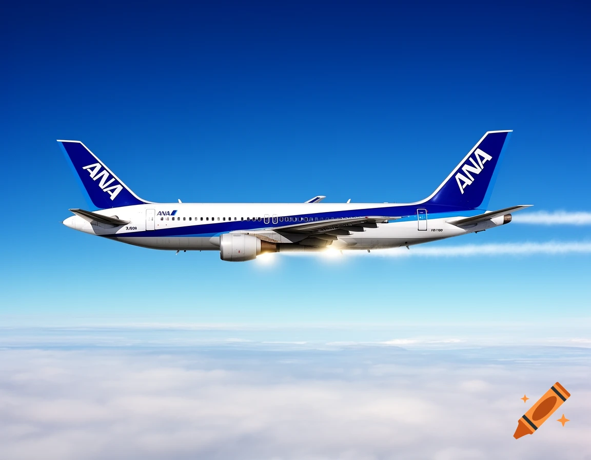 A white and blue ANA airplane flying above a layer of clouds under a clear blue sky.