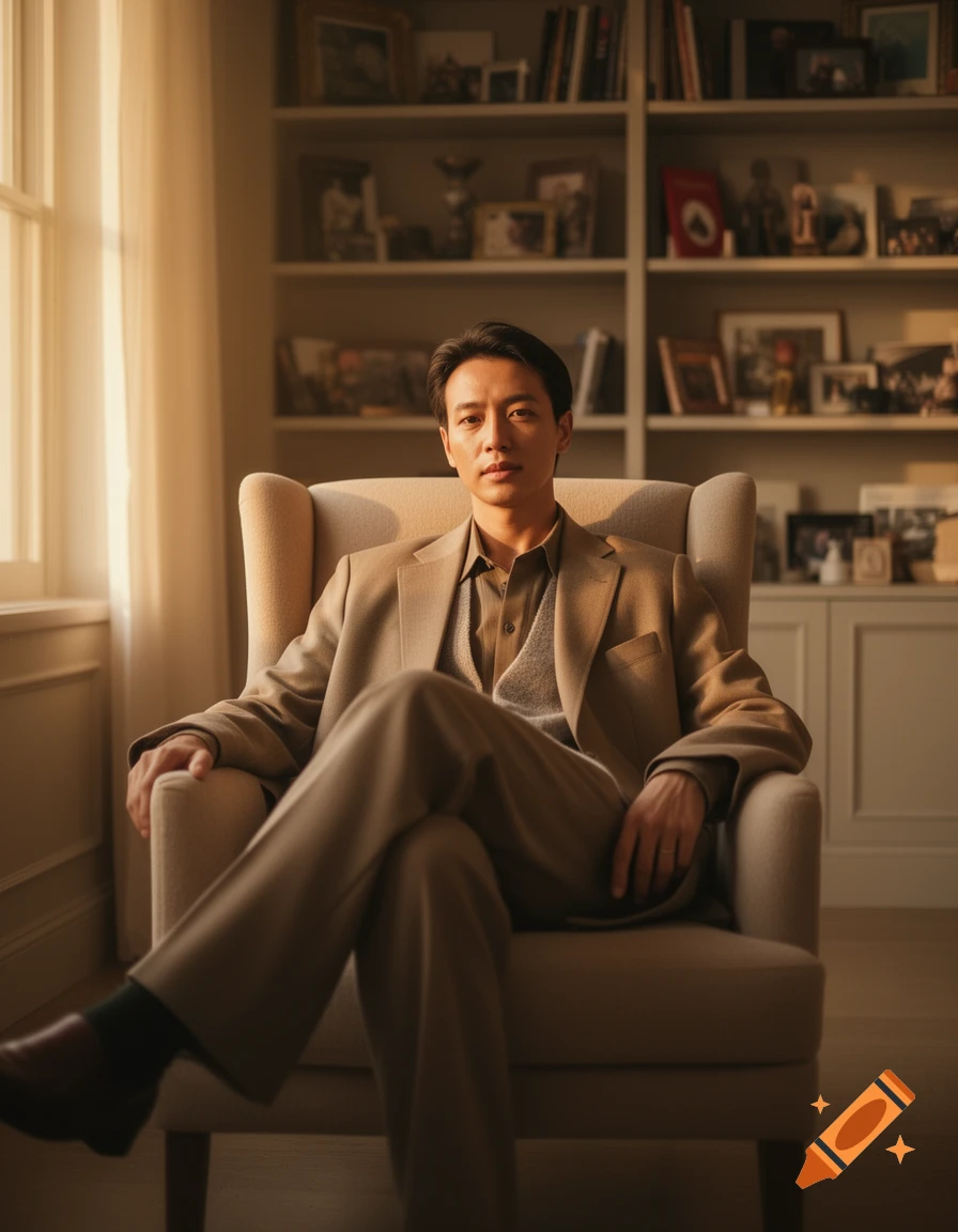 A formally dressed man sits in a sunlit armchair, looking straight ahead, with a bookshelf in the background.
