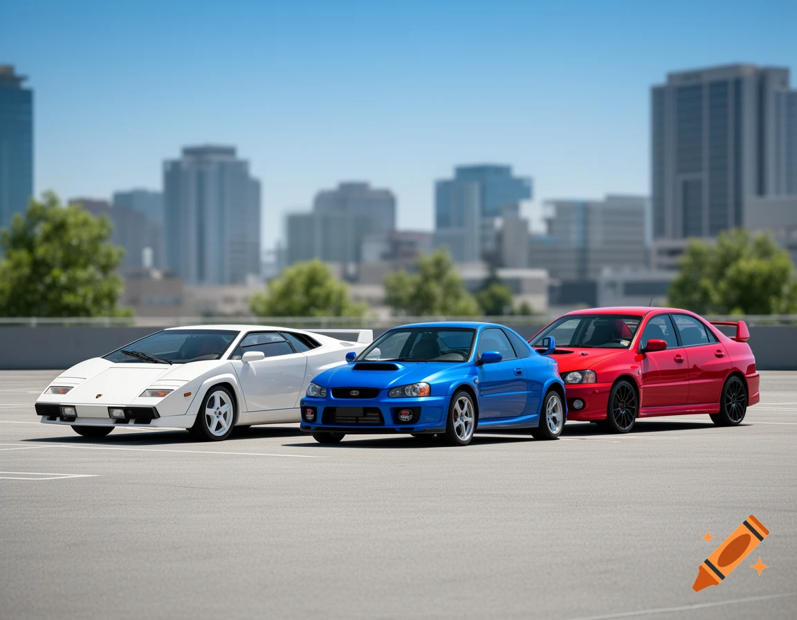Three cars, a white Lamborghini Countach, a blue Subaru Impreza, and a red Mitsubishi Evo, parked outdoors with a city skyline in the background.