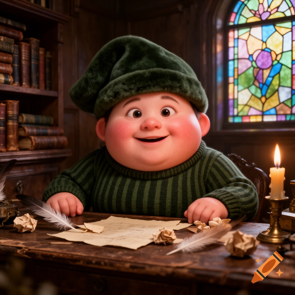 A plump, smiling cartoon character in a green hat sits at a wooden desk with papers, a quill, and a candle, a bookshelf and stained-glass window in the background.